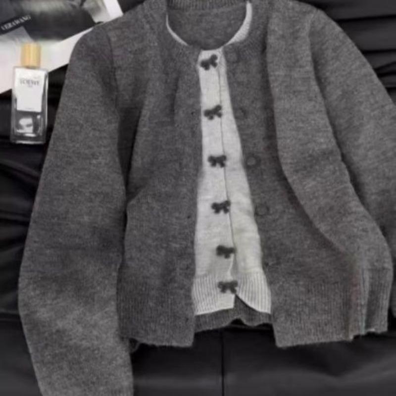 Bow Tie Fake Two Women's Cardigans Color Blocking Round Neck Solid Color Knitted Sweater Campus Style Korean Style Woman Slimming Casual Coat