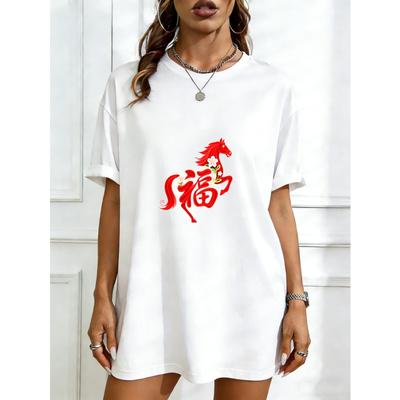 Czarny T-shirt Oversize z nadrukiem chińskiego konia i znaku szczęścia, casualowy streetwear dla kobiet