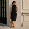 Women's Mandarin Collar Sleeveless Linen Blend Midi Dress Loose Fit Casual Straight Shirt Dress