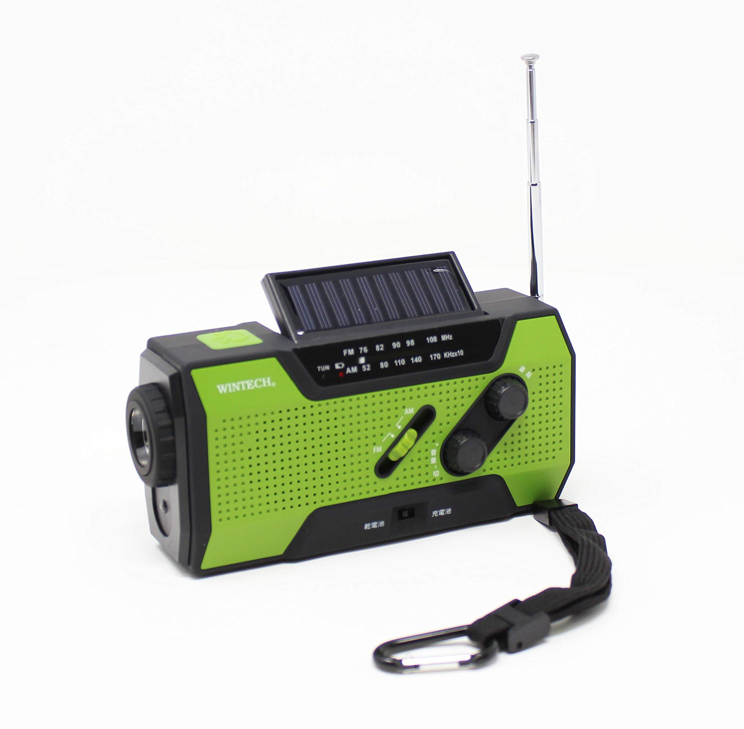 

WINTECH Waterproof Portable Radio with LED Portable Charging USB Cable and Adapter Battery Solar Charging KDR-201CWP Hand-Crank FM/AM Light, Green, зелений