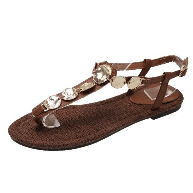 Ein-Wort Bohemian Zehenflache Sandalen Damen 2025 neu Sommer tragen runder Kopf Pantoletten Urlaubssandalen