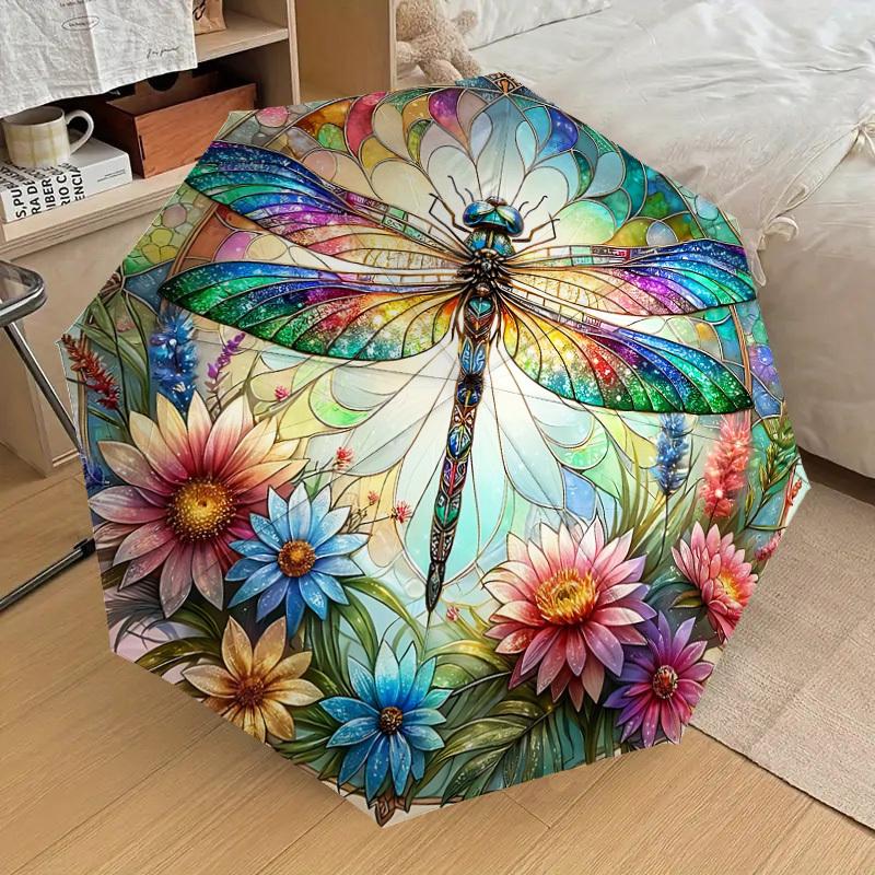 1PC Dragonfly Stained GlassAutomatic Open/Close Umbrella with Windproof, 8-Rib Sturdy Canopy, Durable Ribs, Fashionable Design, Outdoor Accessory, Fun