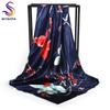 [BYSIFA] Coffee Women Silk Scarf Shawl Winter Elegant Brand Floral Large Square Scarves Wraps Fashion Muslim Head Scarf Blue,Red