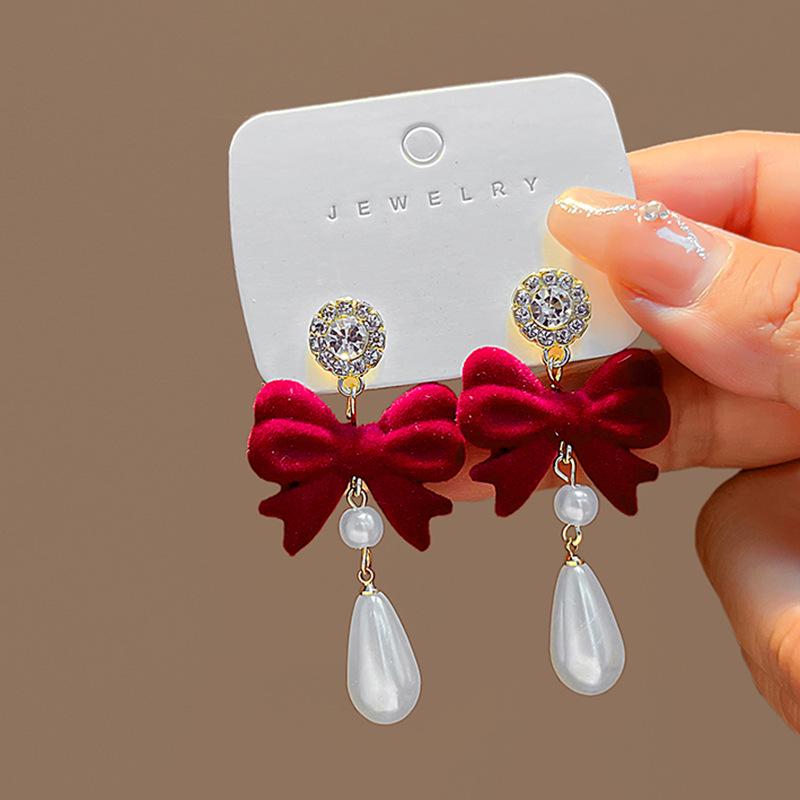 2024 Silver Needle Flocking Burgundy Bowknot Earrings - Chinese New Year Spring Festival Rose Design