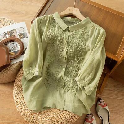 Chemise en coton et lin brodée à manches sept-quarts pour femme, haut au design rétro artistique, pour le printemps et l'été