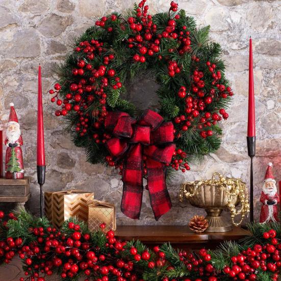 15 Inch Christmas Wreath for Front Door Artificial Greenery Wreath with Red Berries And Buffalo Plaid Bow for Holiday Wall Farmhouse Home Decor