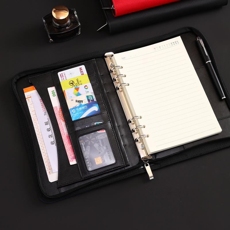 Customizable A5 PU Leather Notebook with Logo, Zipper Storage, and Loose-leaf Pages for Business Meetings