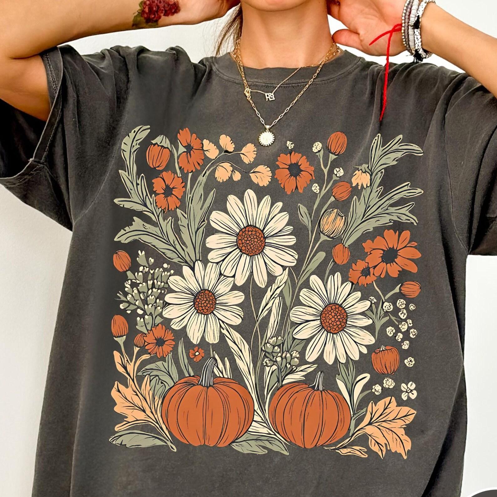 Boho Fall Floral Comfort Colors® Shirt, Retro Fall T-Shirt, Autumn Vibes Shirt, Pumpkin Season Graphic Tee, Vintage Fall Pumpkin Aesthetic 4XL