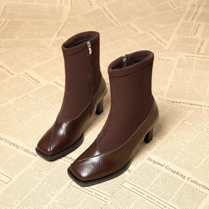 Autumn and Winter New Rock Leather Short Boots for Women, French Luxury Mid Length Slim Boots, High-heeled Women's Boots, Shoes