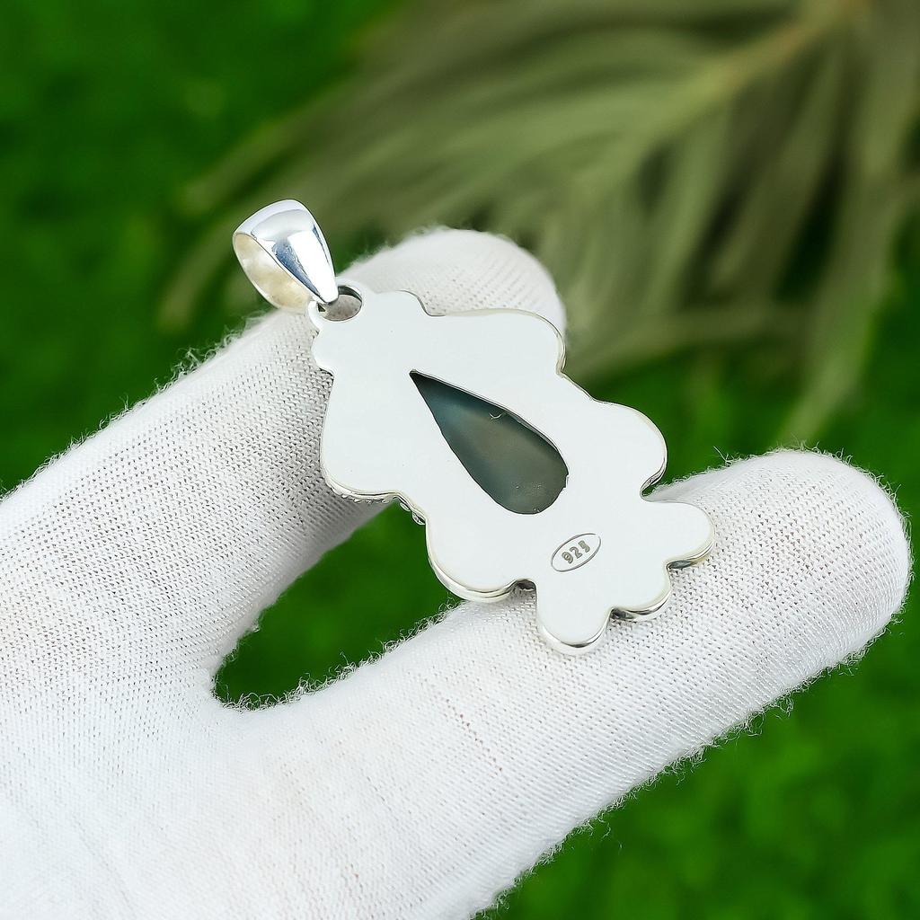 Pear Solar Moss Agate Stone Bezel Boho Mother Wedding Pendant Sterling Silver