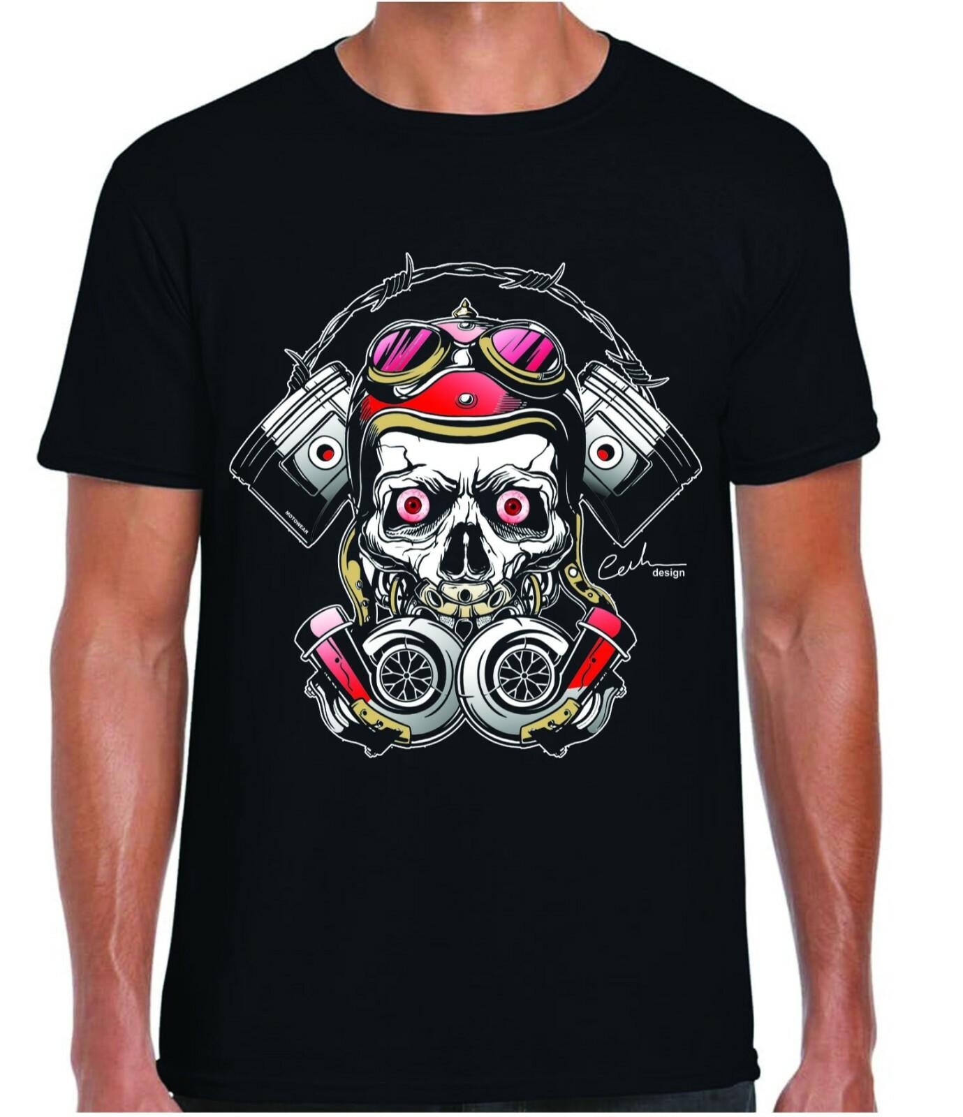 Motorcycle biker steampunk skull MotoWear design premium black DTG t-shirt tee L