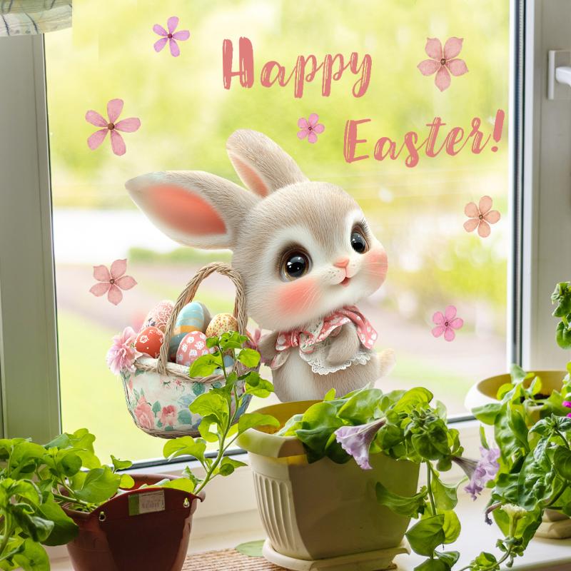 Cartoon Bunny Easter Egg Flower Window Static Sticker For Happy Easter Day Home Festival Party Decorations Sticker