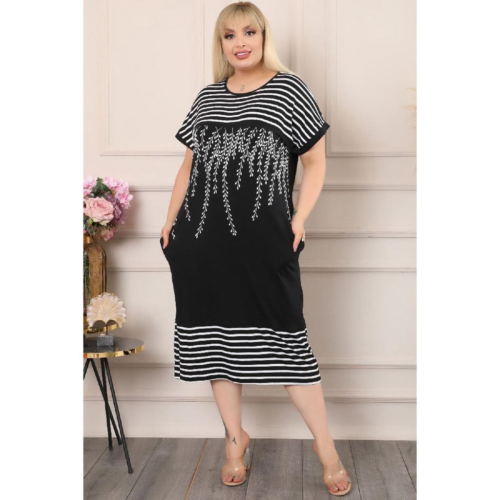 Olive Branched Striped Round Collar Block Short Sleeve Comfortable Dress