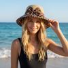 Cappello di Paglia con Fiocco Stampa Leopardo, Ampia Tesa, Leggero, Cappello da Sole da Donna, Protezione UV, Traspirante, Cappello da Pescatore, Estivo, per Esterno