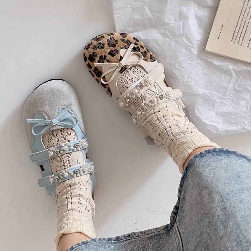 Retro ballet shoes summer wear single shoes summer ugly cute sweet girl pearl leopard print Mary Jane shoes Boken sandals women