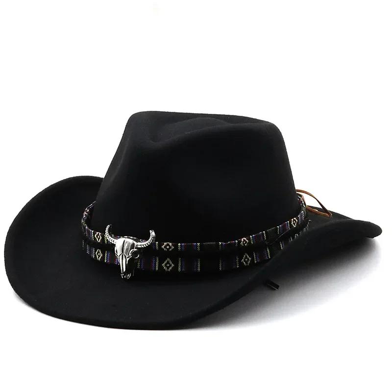 Fashion Western Cowboy Hat with Cow Head Band Wide Brim Hats Pop Jazz Hat Winter Men Women Jazz Wool Hats Cow Girl Hat LS