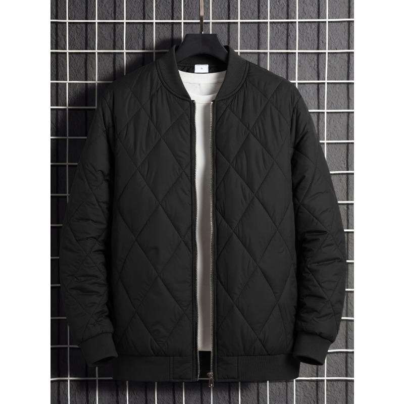 Men Solid Color Stand Collar Thickened Warm Quilted Bomber Jacket Casual Outerwear