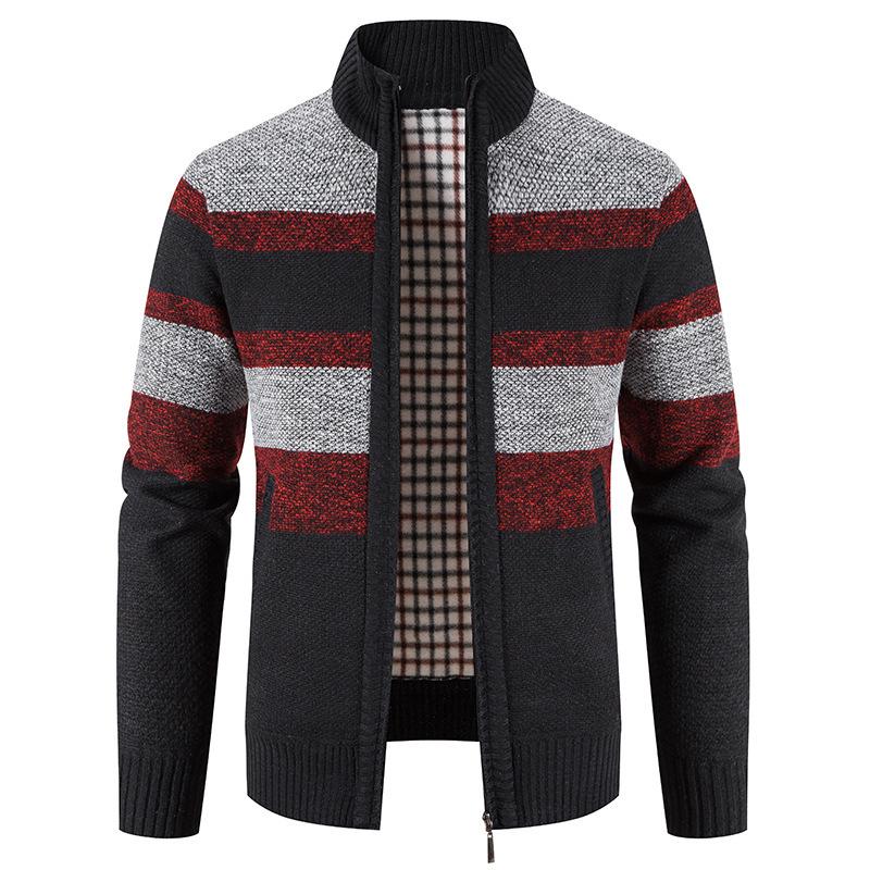Men's Thickened Velvet Stand Collar Color Block Knit Cardigan Sweater Jacket for Autumn/Winter
