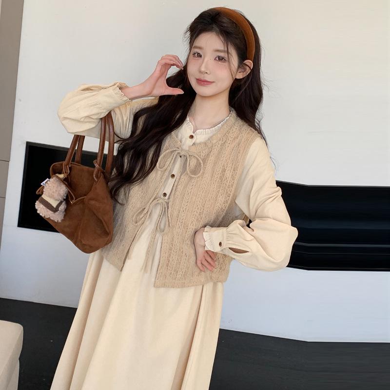 Elegant French High-Neck Maternity Dress 2XL