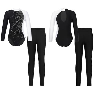 Lányok Hosszú Ujjú Állógalléros Kontraszt Színű Kulcslyuk Hátul Strasszköves Balettrikó Rugalmas Derékpántos Leggings Előadói Szett