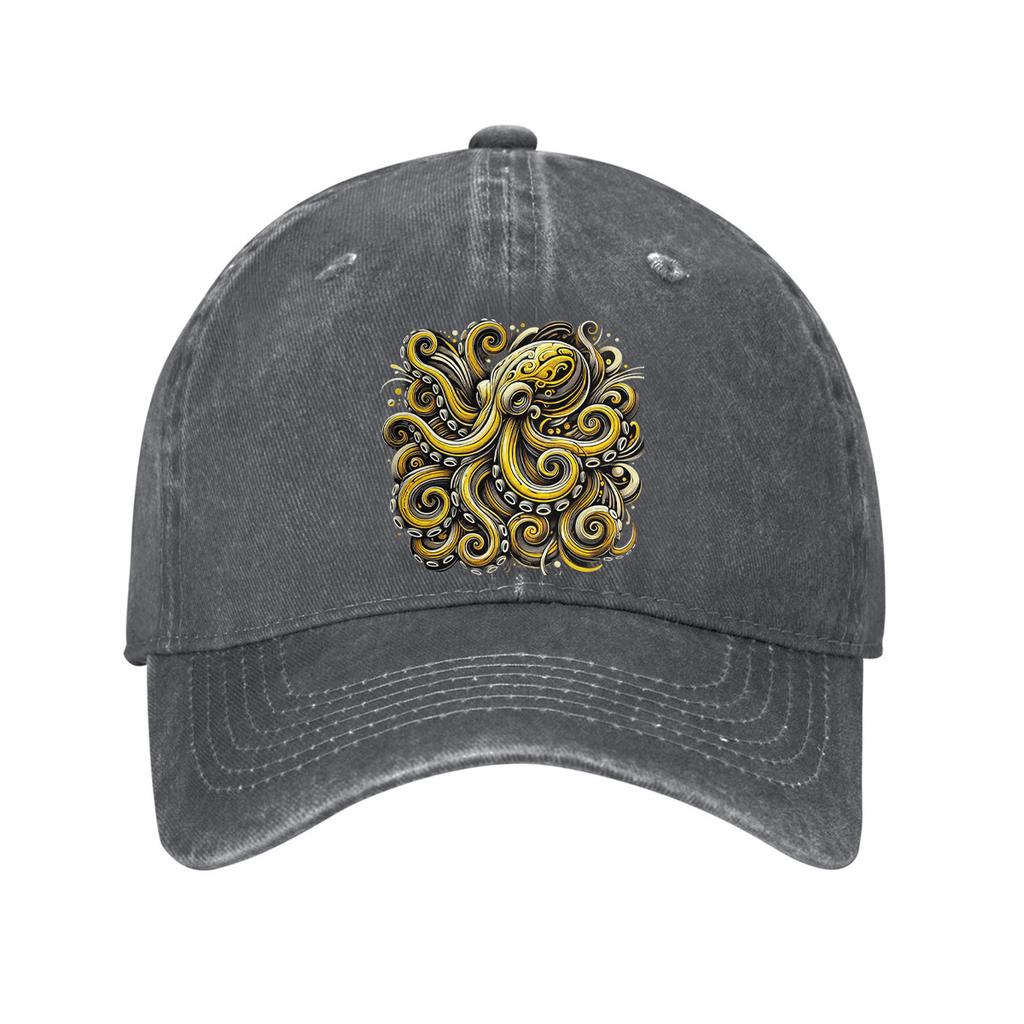 Golden Octopus Graphic Baseball Cap Adjustable Washed Denim Outdoor Sun Protection Dad Hat