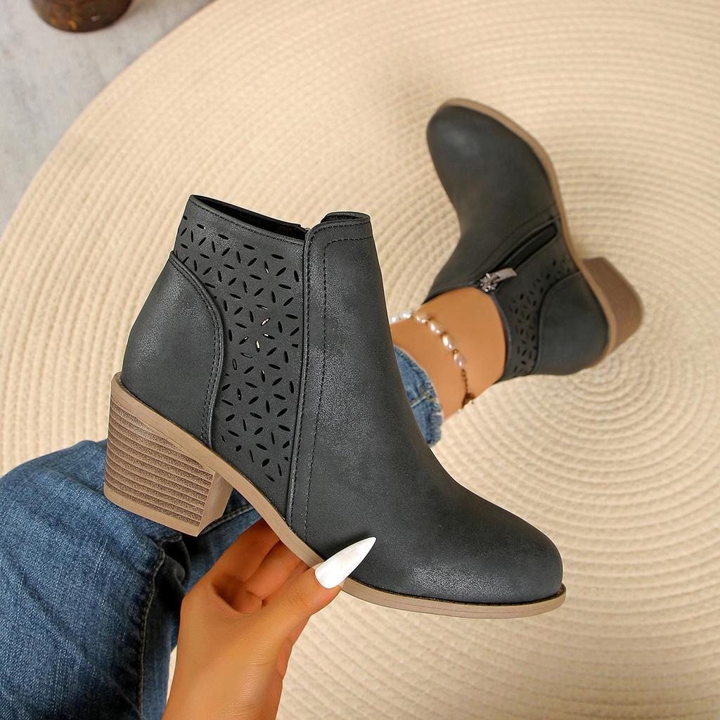 Stivaletti da Caviglia da Donna Vintage Slip-On con Tacco Basso Largo a Blocco, Punta Mandorla Punta Tonda, Stivali Invernali con Tomaia e Fodera in PVC, Beige/Marrone Caramello/ Blu/Scuro