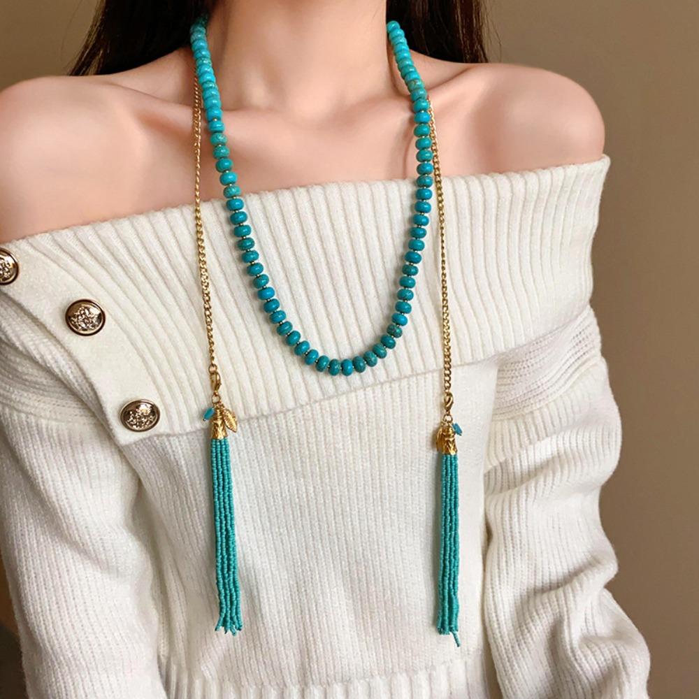 Hanging Neck Bohemian Waist Chain Rice Beads Sweater Chain Portable Long Turquoise Necklace  Girls