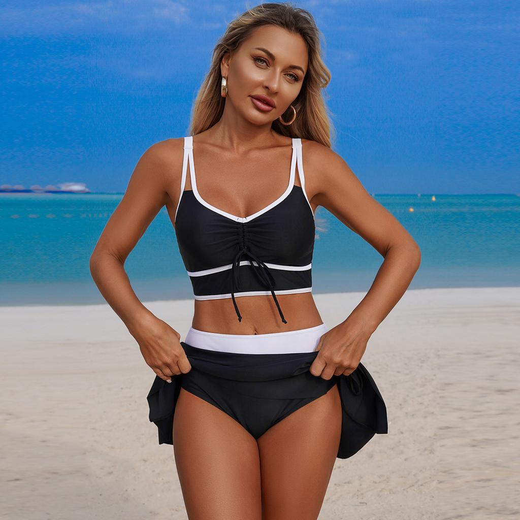 Damen-Badeanzug Unifarben Kordelzug Sport Schlitze Rock Sexy Bikini Anzug Strandbekleidung Mehrfarbig
