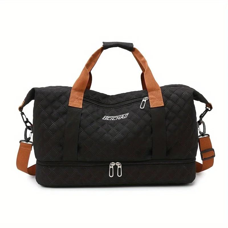Nylon Travel Duffle Bag with Shoe Compartment Large Capacity Argyle Pattern Casual Weekender Overnight Gym Storage Bag