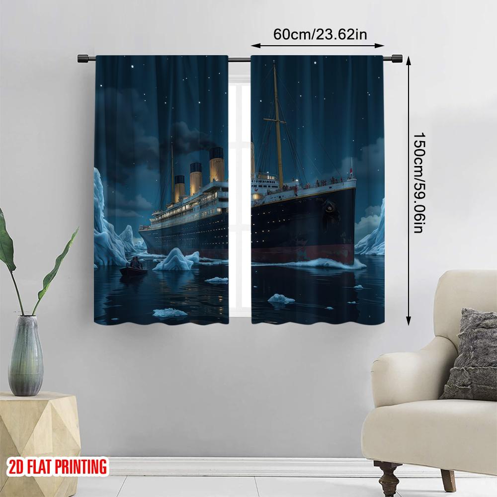 2D Flat Printing 2pcs Party Curtains Shipwreck 100% Polyester,Without Electricity Summer Party Decorations Perfect for Hotel