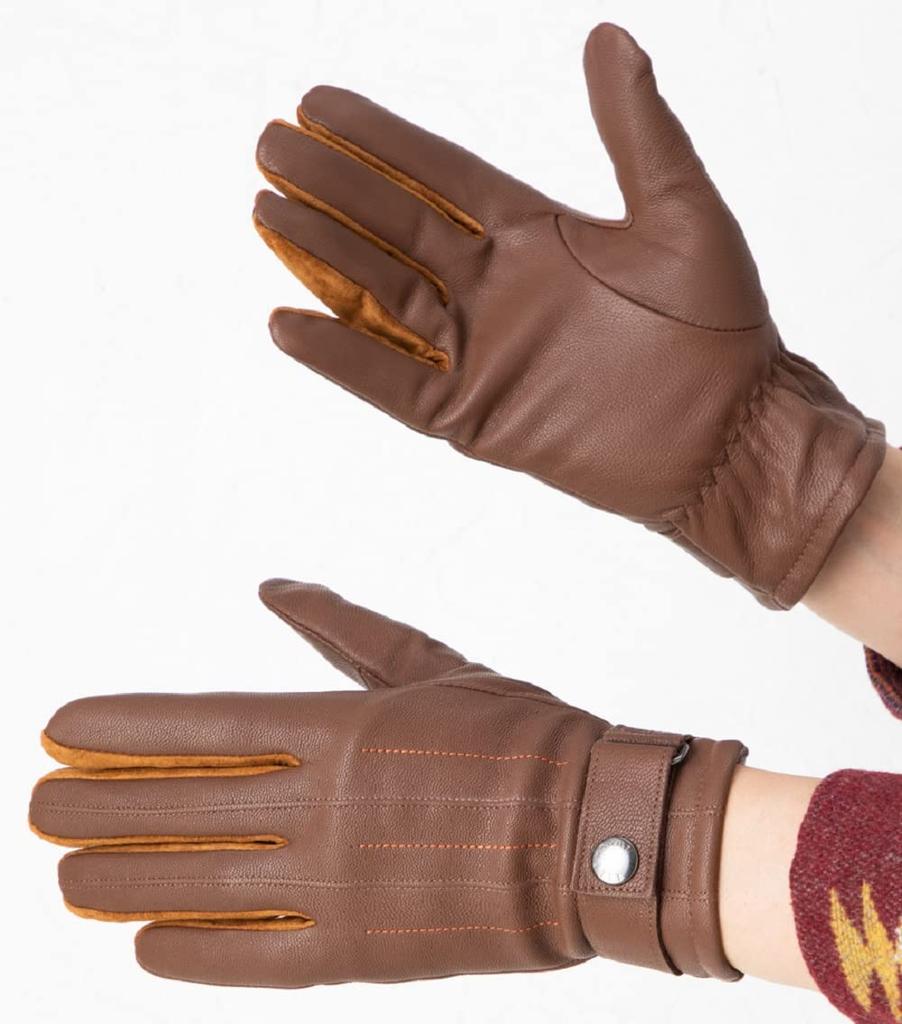 Leather Gloves Gusset Suede Brushed Lining Engraved Metal Fittings Belt Included Leather Gloves Case Included 24cm [El Homme] Men's Brown/Camel