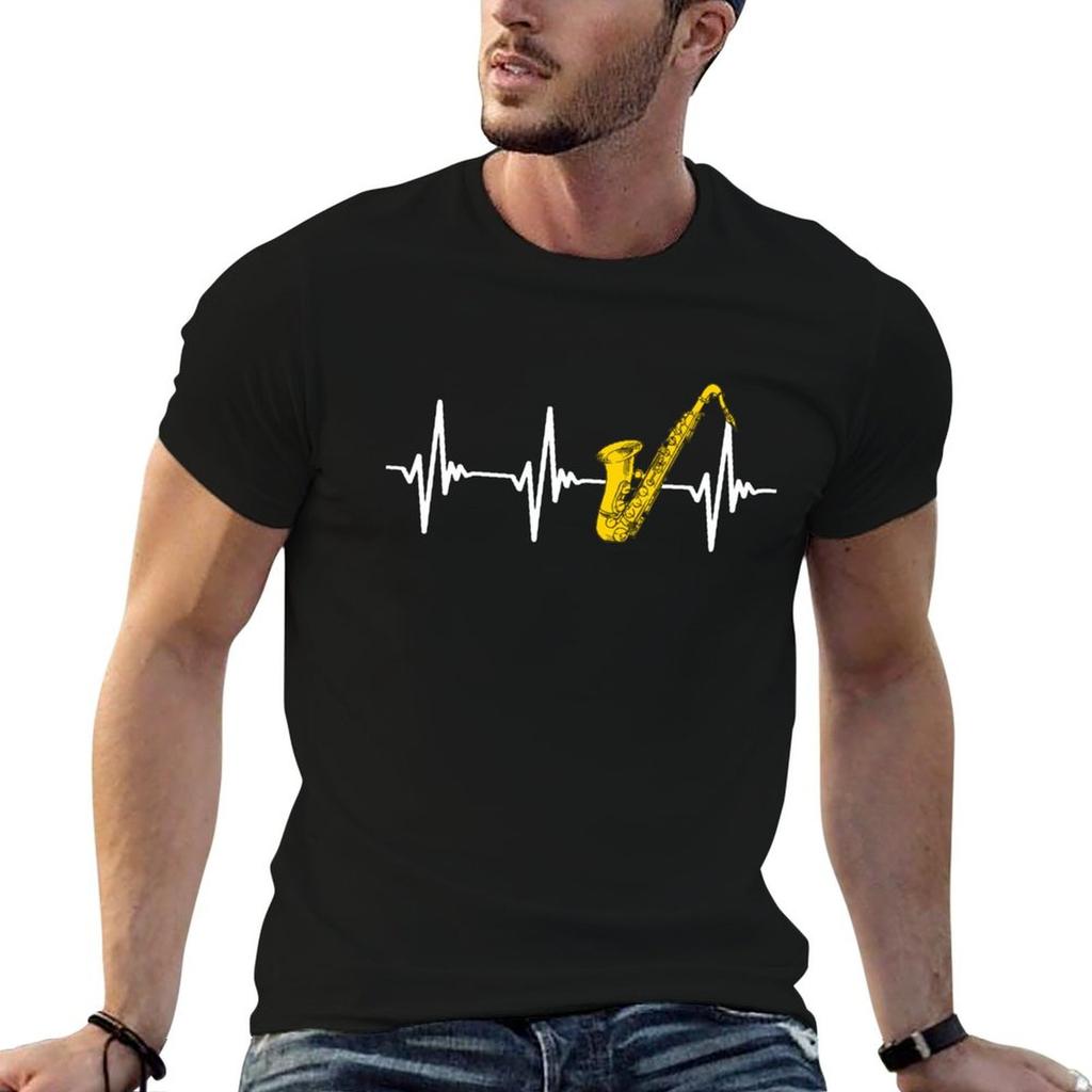 Saxophone Saxophoniste Battement de Cœur Fanfare Cadeau T-shirt Coton T-shirts Unisexe 100% Unisexe T-shirt d'Été