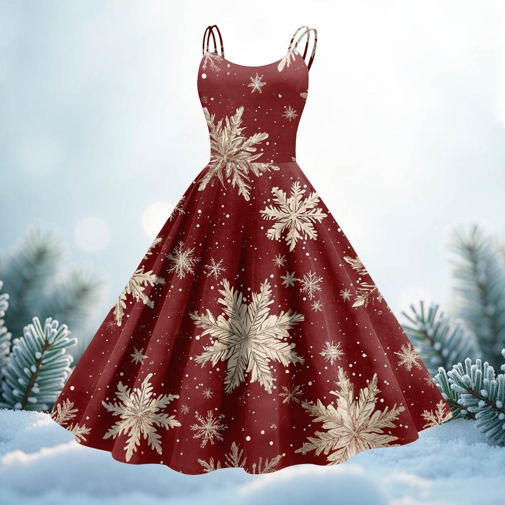 Women's Christmas Print Casual Fashion Round Neck Mid-Length Dress