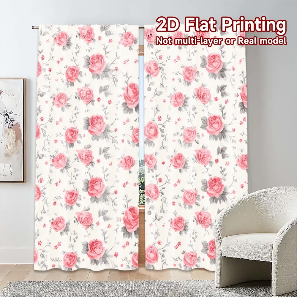 Set Of 2 Flat Printing Curtains Without Rod Floral Pattern Roses Ramadan Holiday Versatile Polyester Fabric Curtain Made
