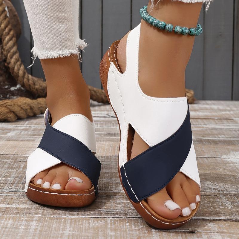 

Spring and autumn new flat-bottomed wedge heel fish mouth sandals women s large-size thick-soled hollow beach sandals 43 синий