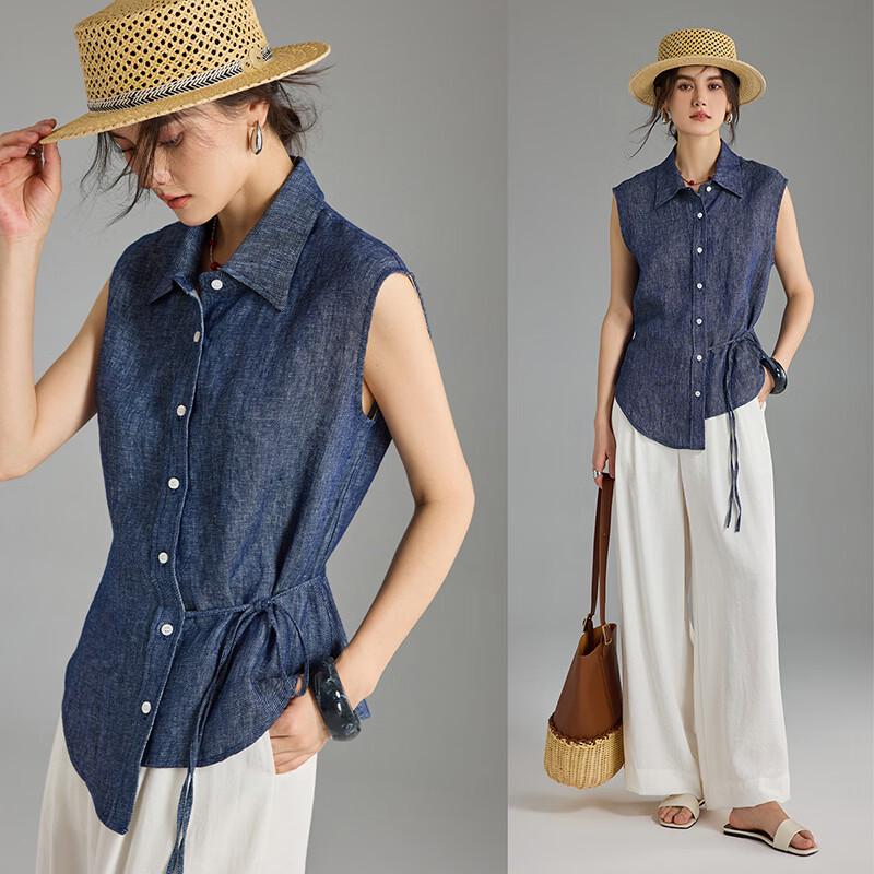 Women s 100% Linen Denim Tie-Waist Lapel Shirt XL