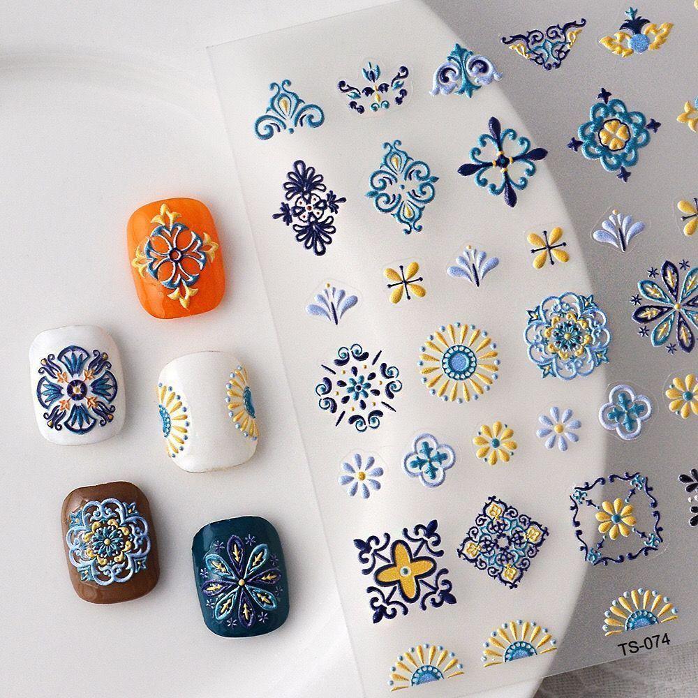 T New 5D Bohemian Ethnic Style Nail Art Sticker Relief Three-dimensional Painted Print Small Pattern Glue Nail