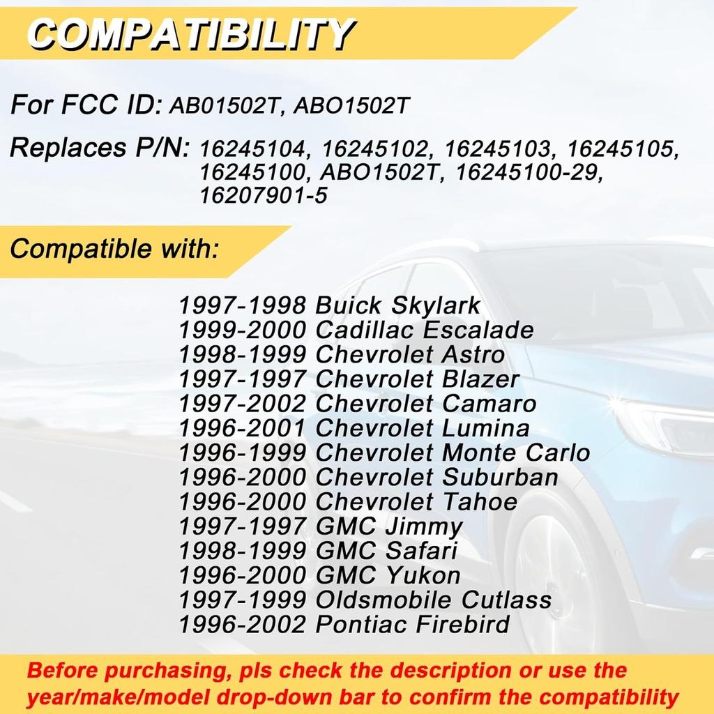 Key Fob for 1996-2002 Chevy Suburban Tahoe Lumina Camaro Monte Carlo, GMC Yukon Safari, Buick Cadillac Oldsmobile Pontiac, AB01502T/ABO1502T, 3Buttons