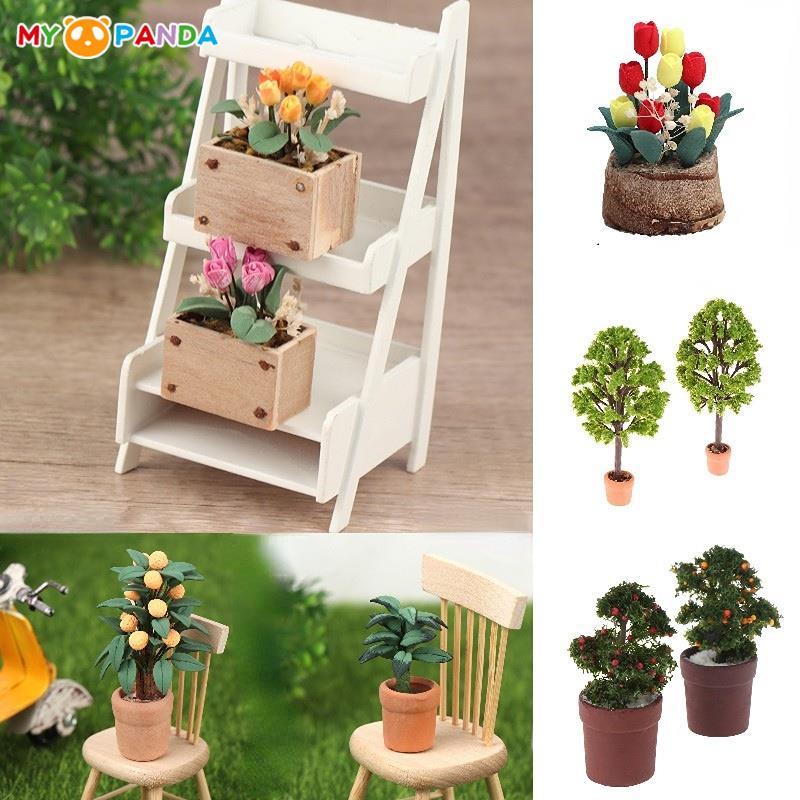 Dollhouse 1:12 Miniature Rose Tulip Hyacinths Sunflower Fruit Tree Potted Green Plant Flower Tree Plants Bonsai Model Home Decor