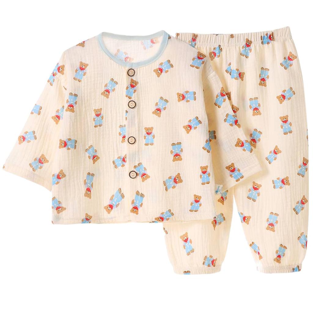 Futupe Baby Front Long Lightweight Cotton Loungewear Sizes 120 Size Pajamas, Opening, Sleeves, Gauze, Spring, Summer, Fall, Girls, Boys, Set, Baby,