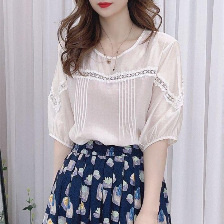 2024 Retro Lace Splicing Casual Short Sleeve Women's French Top