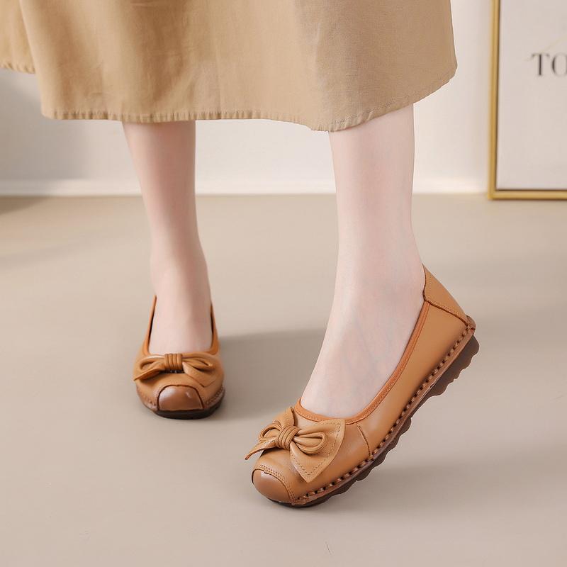 Fashion New Cow Leather Shoes Woman Luxury Bowknot Ballet Flats Women's Shallow Slip On Moccasins Mother Comfortable Autumn Flats Shoes