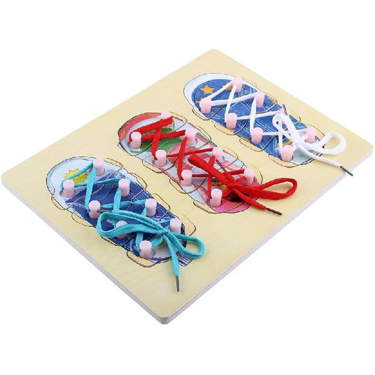SUNGOOYUE Kid Shoes Training Toy, Wooden Learn to Tie Shoes Practice Board for Kids Preschool, Ages 3-7
