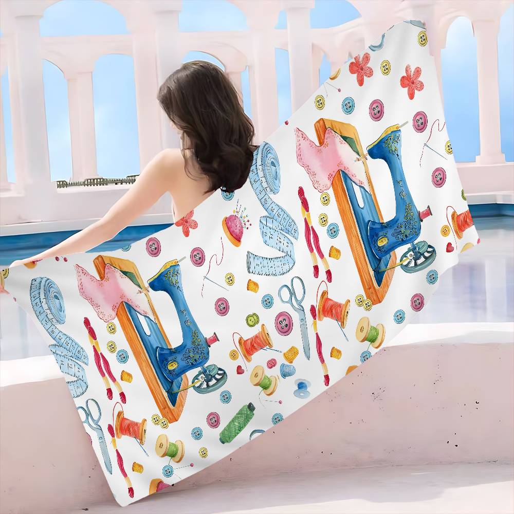 Vintage Sewing Machine Beach Towel Colorful Bath Towels for Girl Microfiber Quick Dry Sand Free Beach Yoga Spa Gym Pool