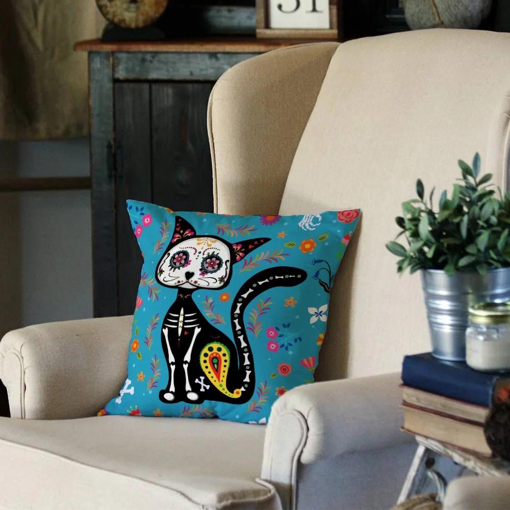 Home Decor Day Of The Dead Cat And Skull Pillows Pattern Cushion Cover Suitable For Sofa Bedroom Car Pillow Cover