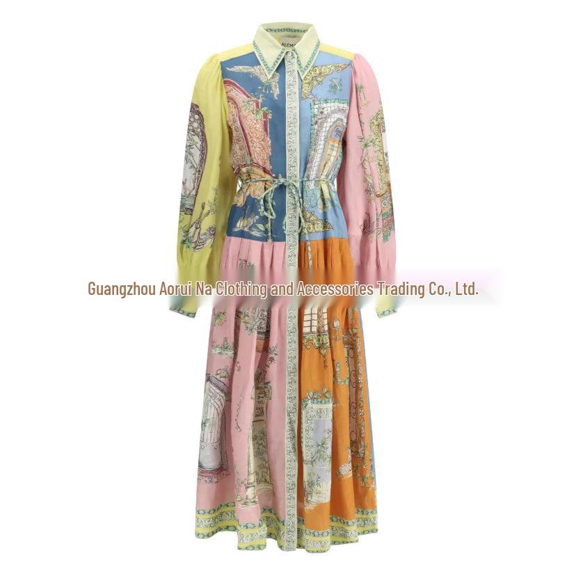 Spring Abstract Artist High Collar Lantern Sleeve Dress for Women