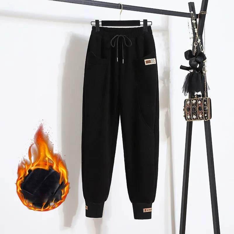 Damen Winterhose Einfarbige Hochtaillierte Hose Verdickte Übergröße Einfache Lockere Freizeit Warme Kordelzughose
