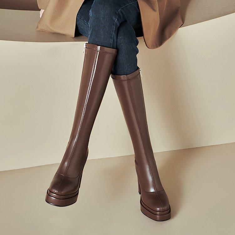 

2025 autumn and winter 11cm hate sky high boots women s square head thick heel high heel waterproof table high boots elastic boots beige 39 коричневый