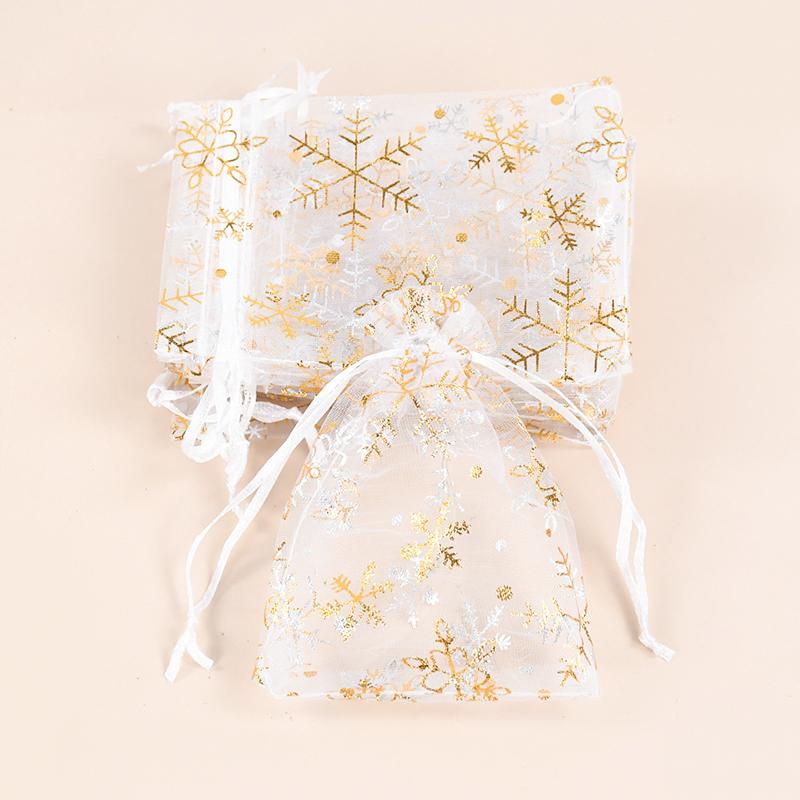 Lot de 100 sacs cadeaux en organza avec flocons de neige, pochettes à bijoux, sac à cordon doré et argenté, pour fête de Noël, anniversaire, mariage, emballage de bonbons