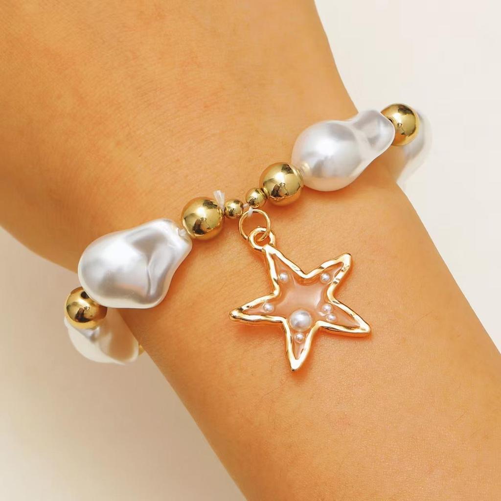 Baroque Sweet Luxurious Imitation Pearl Heart Shaped Pentagram Bracelet
